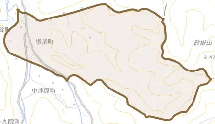 塔尾町とその周辺の地図。町の範囲を重ねている