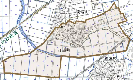 打越町とその周辺の地図。町の範囲を重ねている