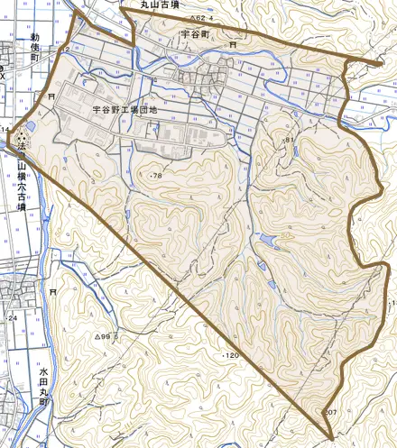 宇谷町とその周辺の地図。町の範囲を重ねている