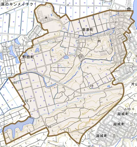 潮津町とその周辺の地図。町の範囲を重ねている
