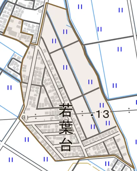 若葉台とその周辺の地図。町の範囲を重ねている