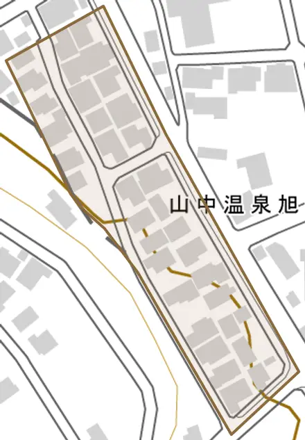 山中温泉旭町とその周辺の地図。町の範囲を重ねている