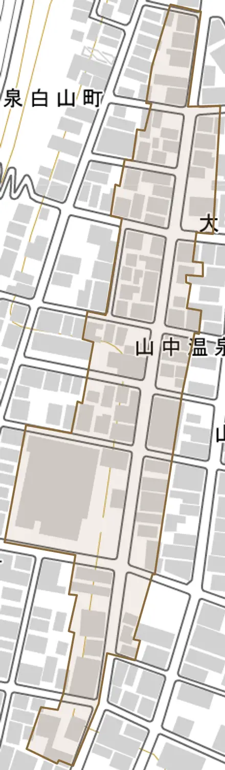 山中温泉冨士見町とその周辺の地図。町の範囲を重ねている