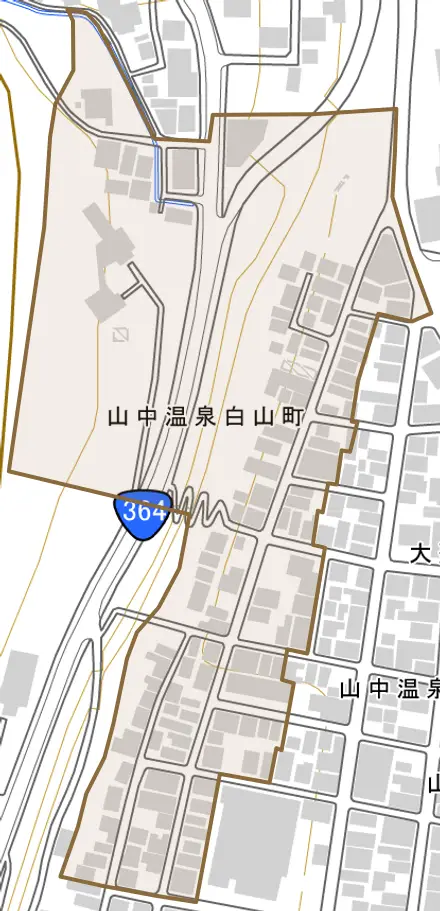 山中温泉白山町とその周辺の地図。町の範囲を重ねている