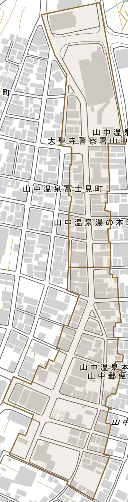 山中温泉本町とその周辺の地図。町の範囲を重ねている