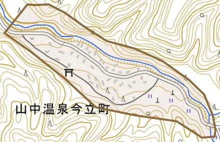 山中温泉今立町とその周辺の地図。町の範囲を重ねている