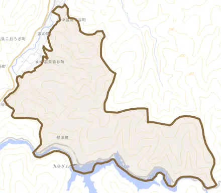 山中温泉枯淵町とその周辺の地図。町の範囲を重ねている