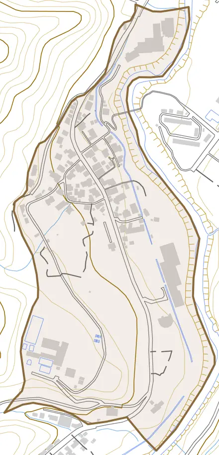 山中温泉栢野町とその周辺の地図。町の範囲を重ねている
