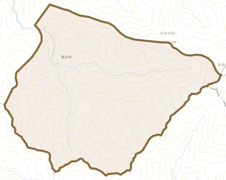 山中温泉真砂町とその周辺の地図。町の範囲を重ねている