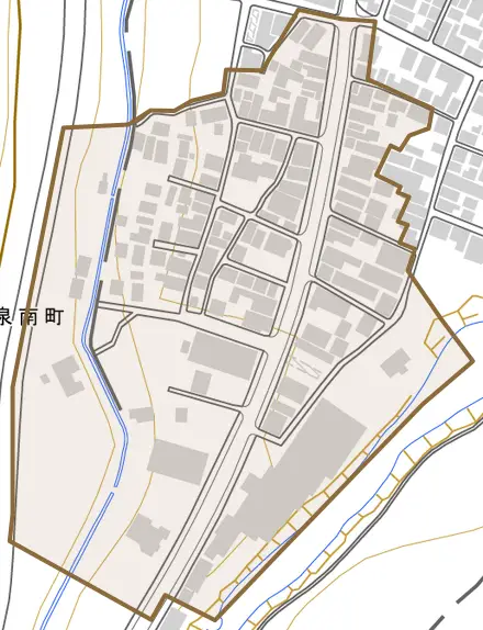 山中温泉南町とその周辺の地図。町の範囲を重ねている