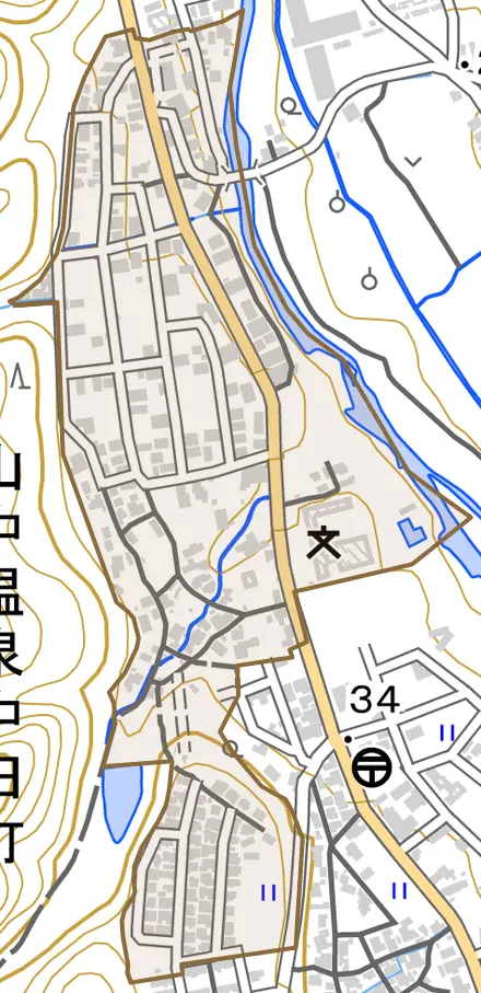山中温泉中田町とその周辺の地図。町の範囲を重ねている
