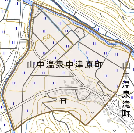 山中温泉中津原町とその周辺の地図。町の範囲を重ねている