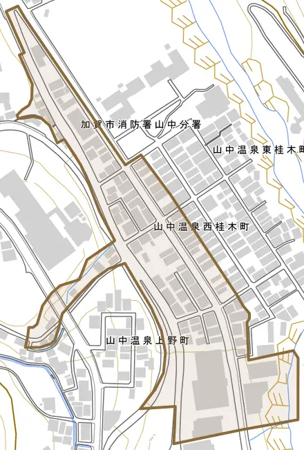 山中温泉西桂木町とその周辺の地図。町の範囲を重ねている