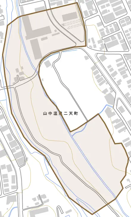 山中温泉二天町とその周辺の地図。町の範囲を重ねている