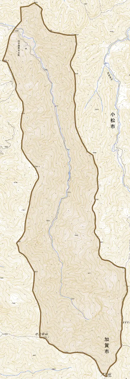 山中温泉大土町とその周辺の地図。町の範囲を重ねている