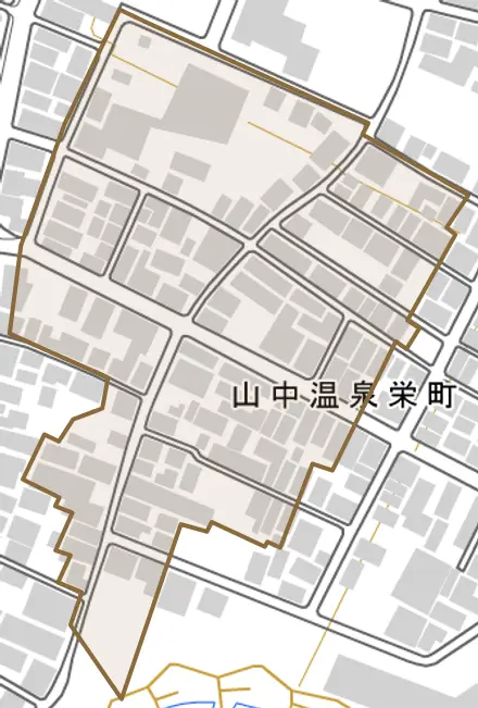 山中温泉栄町とその周辺の地図。町の範囲を重ねている