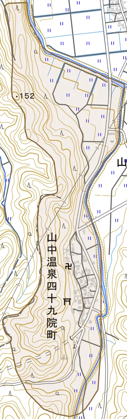 山中温泉四十九院町とその周辺の地図。町の範囲を重ねている