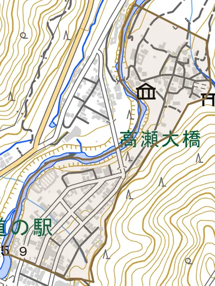 山中温泉下谷町とその周辺の地図。町の範囲を重ねている