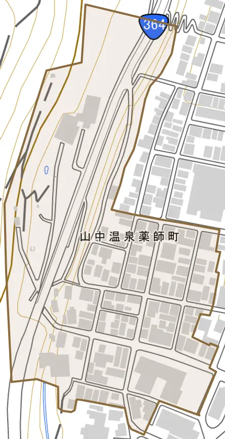 山中温泉薬師町とその周辺の地図。町の範囲を重ねている