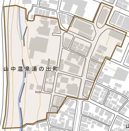 山中温泉湯の出町とその周辺の地図。町の範囲を重ねている