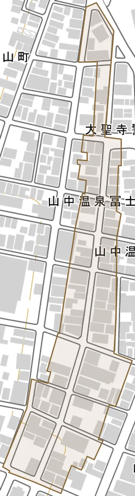 山中温泉湯の本町とその周辺の地図。町の範囲を重ねている