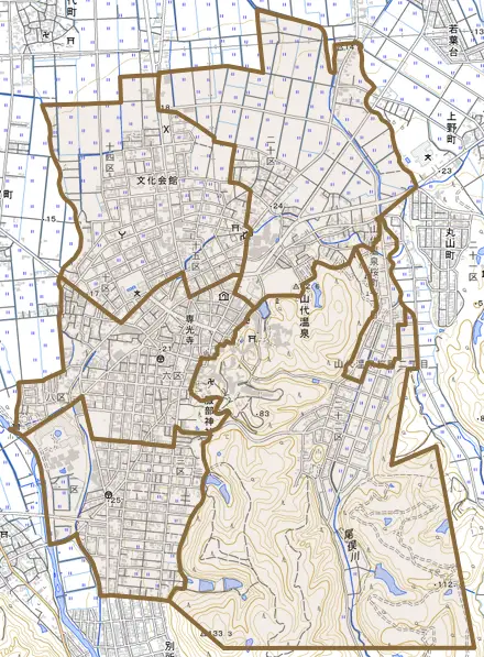 山代温泉とその周辺の地図。町の範囲を重ねている