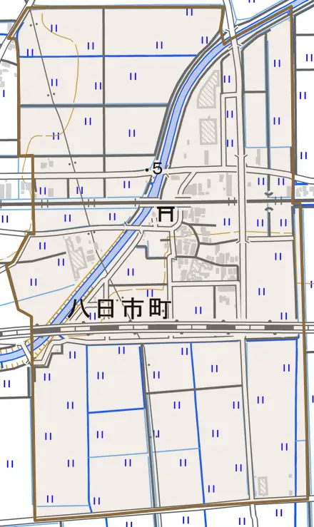 八日市町とその周辺の地図。町の範囲を重ねている