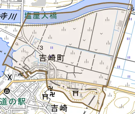 吉崎町とその周辺の地図。町の範囲を重ねている