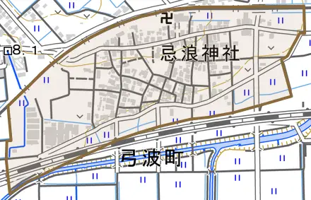 弓波町とその周辺の地図。町の範囲を重ねている