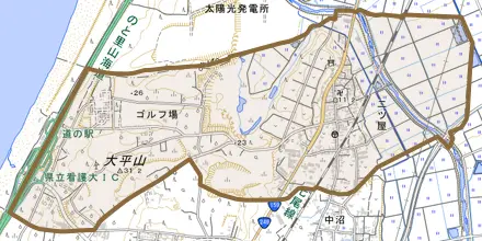 二ツ屋とその周辺の地図。町の範囲を重ねている
