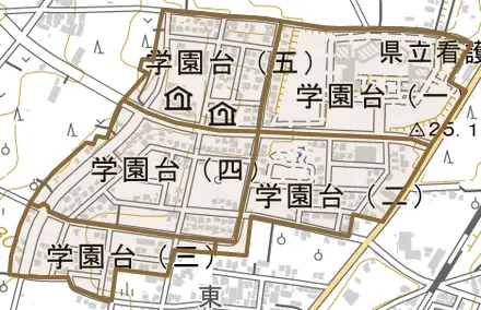 学園台とその周辺の地図。町の範囲を重ねている