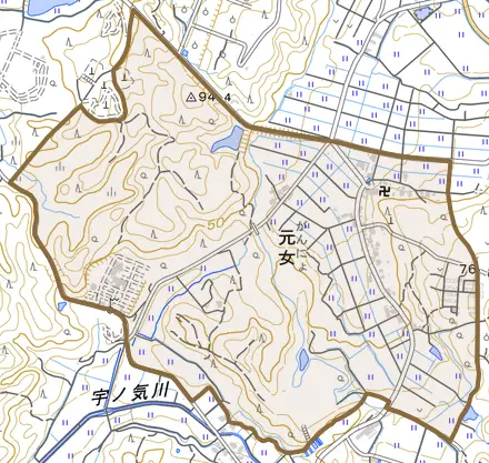 元女とその周辺の地図。町の範囲を重ねている