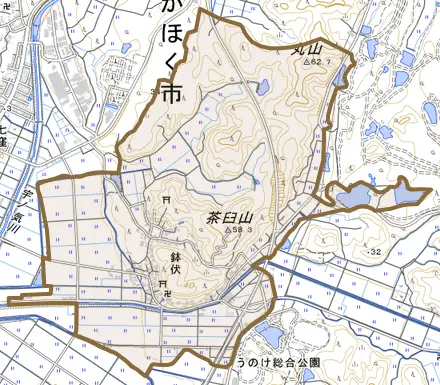 鉢伏とその周辺の地図。町の範囲を重ねている