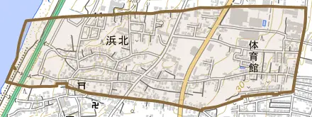 浜北とその周辺の地図。町の範囲を重ねている