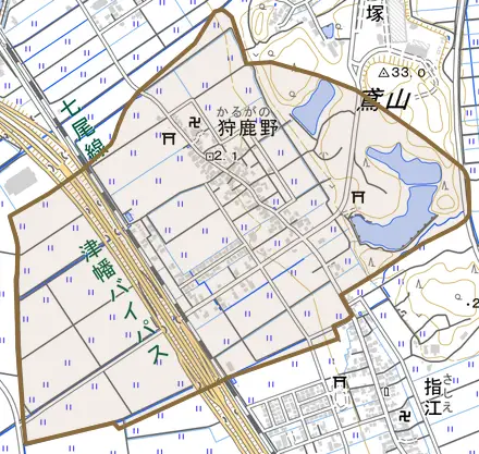 狩鹿野とその周辺の地図。町の範囲を重ねている