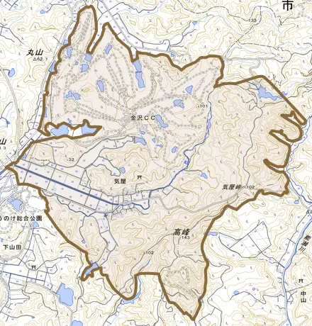 気屋とその周辺の地図。町の範囲を重ねている