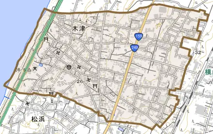 木津とその周辺の地図。町の範囲を重ねている