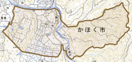 黒川とその周辺の地図。町の範囲を重ねている