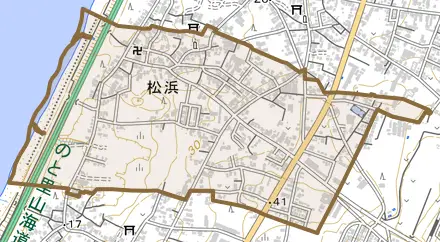 松浜とその周辺の地図。町の範囲を重ねている