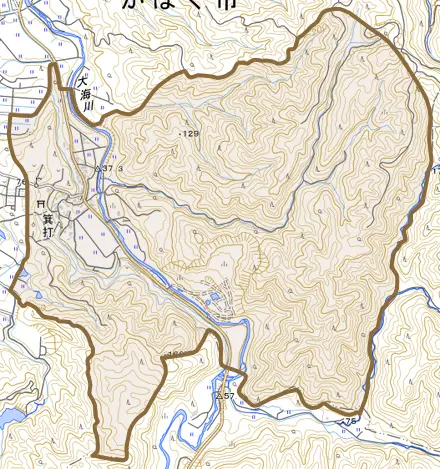 箕打とその周辺の地図。町の範囲を重ねている
