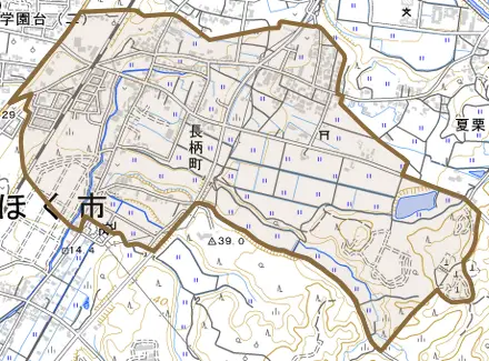 長柄町とその周辺の地図。町の範囲を重ねている