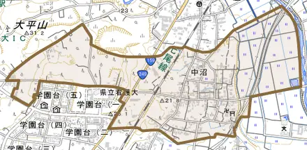 中沼とその周辺の地図。町の範囲を重ねている