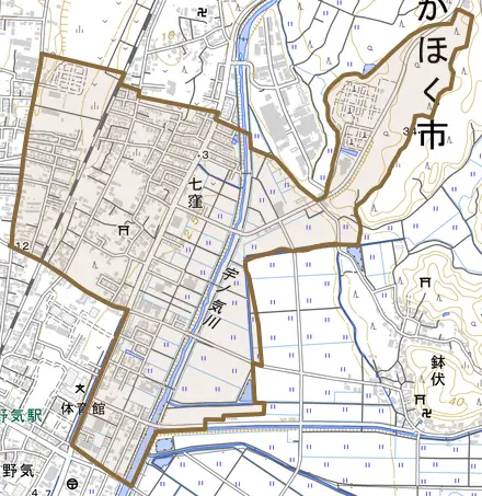 七窪とその周辺の地図。町の範囲を重ねている