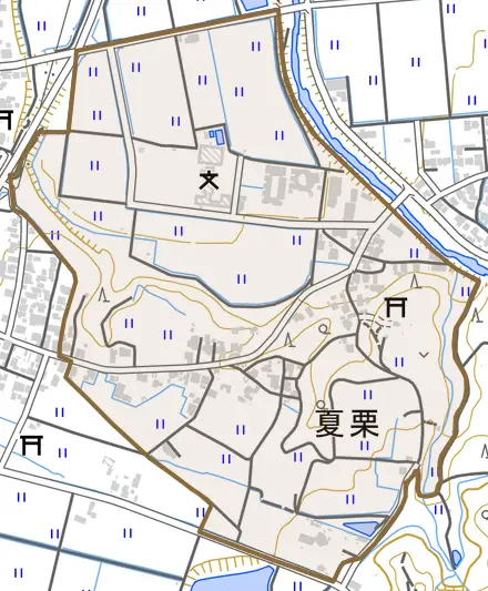 夏栗とその周辺の地図。町の範囲を重ねている