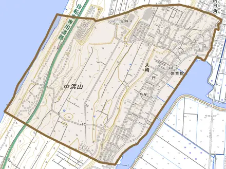 大崎とその周辺の地図。町の範囲を重ねている