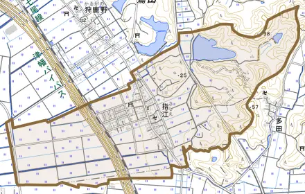 指江とその周辺の地図。町の範囲を重ねている