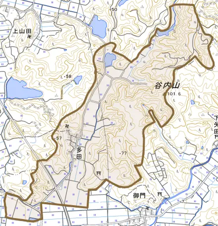 多田とその周辺の地図。町の範囲を重ねている