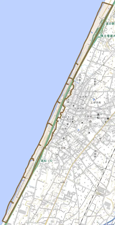 高松とその周辺の地図。町の範囲を重ねている