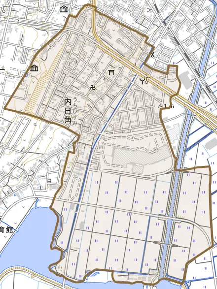 内日角とその周辺の地図。町の範囲を重ねている