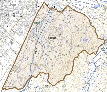 内高松とその周辺の地図。町の範囲を重ねている